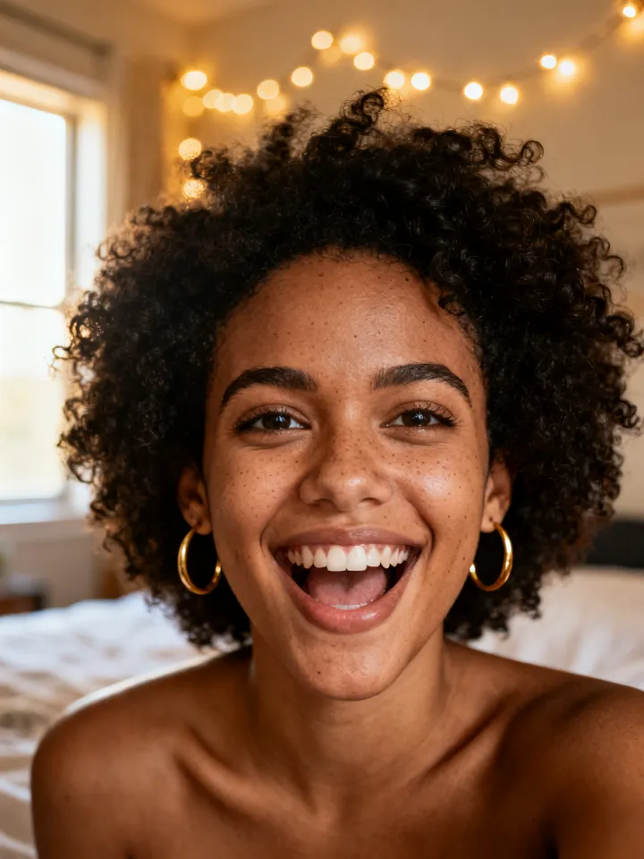 Retrato realista de Evellyn, influencer de IA da plataforma — Cacheada, expressiva — energia de close friends