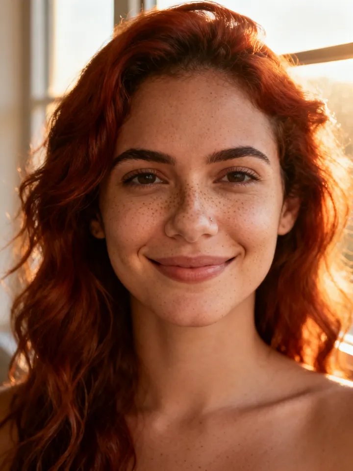 Retrato realista de Marina, influencer de IA da plataforma — Sardas e tom natural — beleza sem filtro