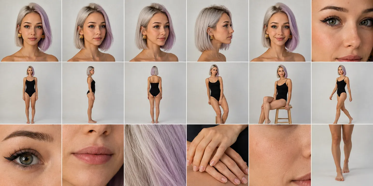 Prancha com 18 fotos da Sturrinha — ângulos de rosto, corpo inteiro e closes de pele, cabelo e mãos, todos com a mesma pessoa
