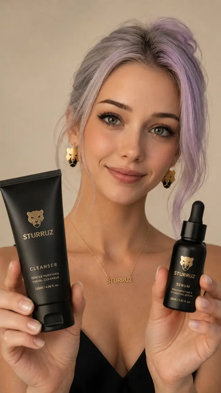 Sturrinha segurando dois produtos de skincare com o rótulo legível, estúdio de fundo bege